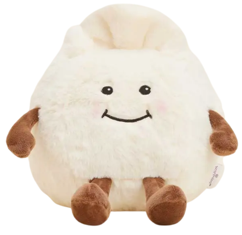 plush dumpling warmie in cream and brown colors on a white background
