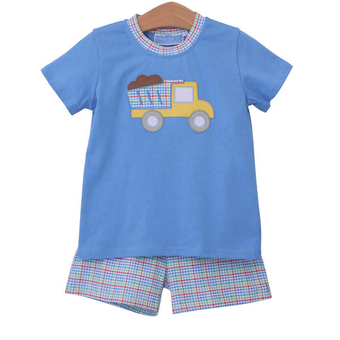 Light blue knit top with a multicolor plaid neckline trim and a dump truck applique.  Matching plaid knit short included