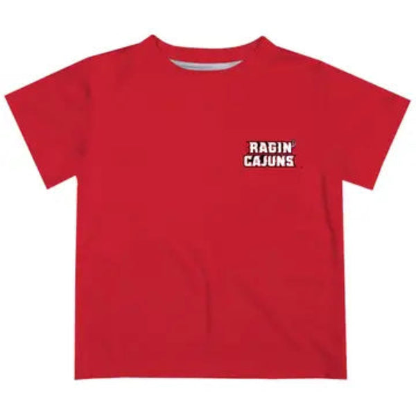 Red kids t-shirt with small white “Ragin’ Cajuns” logo on left chest