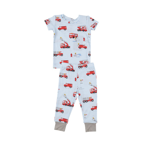 Blue two piece with fire trucks and dalmatians