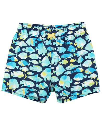 swim trunks navy background with tropical fish print