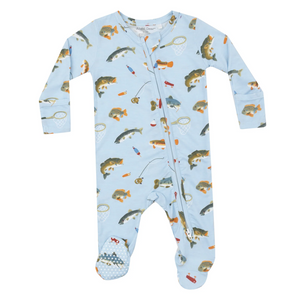 baby footie with two way zipper with bass fishing print

