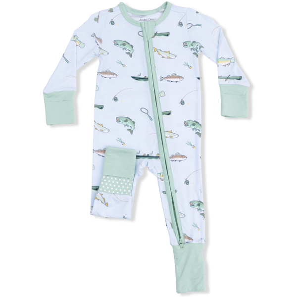Light blue with mint trim baby convertible romper with fish print
