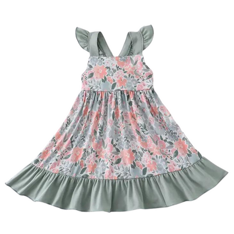 Sage Floral Print Flutter Sleeve Dress