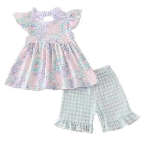 Mint Floral and Plaid Ruffle Short Set