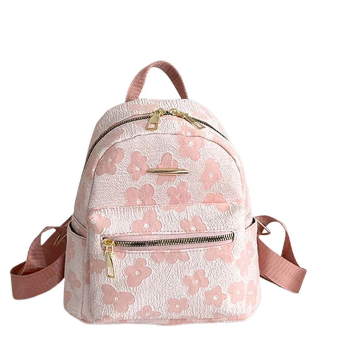 Pink and white floral backpack.