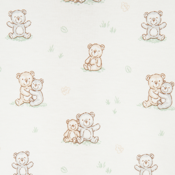 Close-up of the teddy bear print on the baby sleeper featuring adorable bears in various poses with soft beige outlines and subtle sage green details.