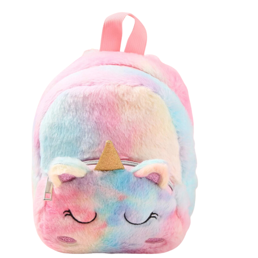Fluffy, rainbow, backpack purse with unicorn face.