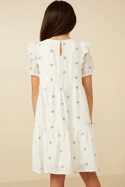 Green and White Embroidered Ruffled Dress