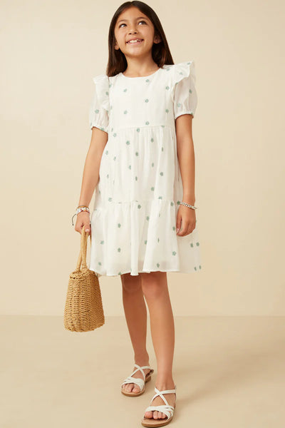 Green and White Embroidered Ruffled Dress