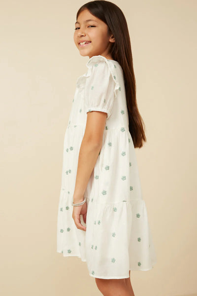 Green and White Embroidered Ruffled Dress