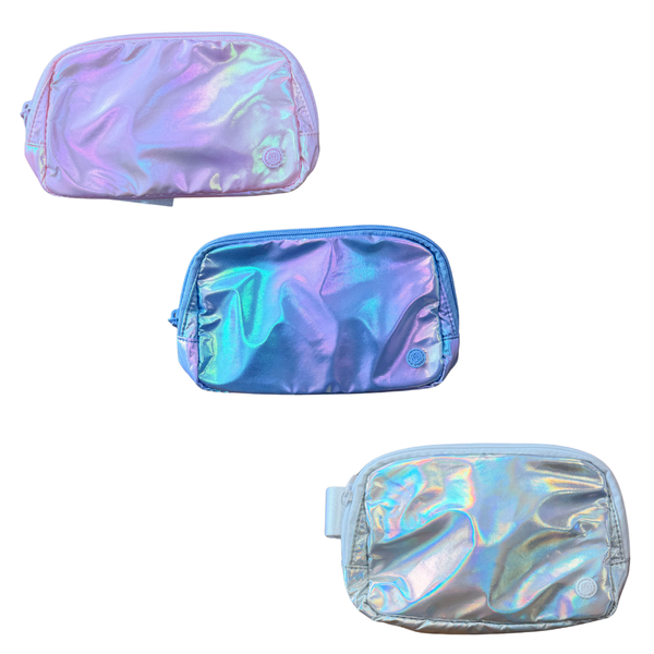 Three holographic zippered accessory bags displayed together in shimmering pink, blue, and silver. These iridescent cosmetic pouches feature roomy compartments and are perfect for storing makeup, toiletries, travel essentials, or small accessories.