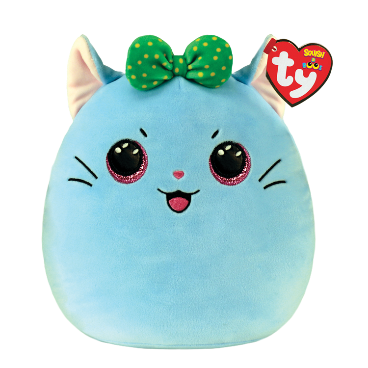 Blue cat with blue and pink ears, glittery pink eyes, with its tounge out (printed). Has green bow with yellow polka dots and black whiskers. 