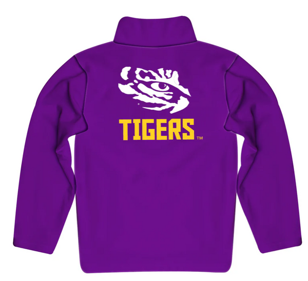 back of purple quarter zip with tigers eye and tigers 