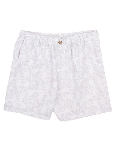White camo shorts with a button and an elastic waist. Also has belt loops and pockets. 