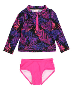 girls 2pc zipper rashguard with pink bikini bottom and marine glow leaf print