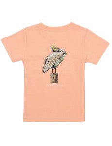 Orange cotton t shirt with pelican on log on the back. 