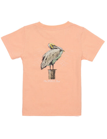 Orange cotton t shirt with pelican on log on the back. 