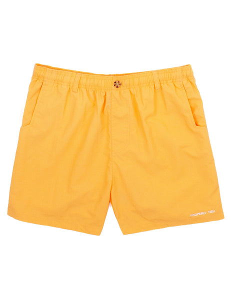 Yellow/Orange shorts with pockets, a button, belt loops, and an elastic waist.