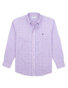 pink/blue button down striped shirt with collar. 