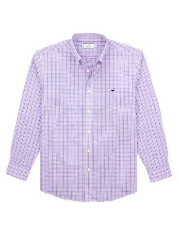 pink/blue button down striped shirt with collar. 