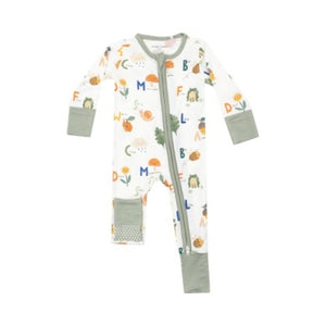 white and green romper with the alphabet and animals 