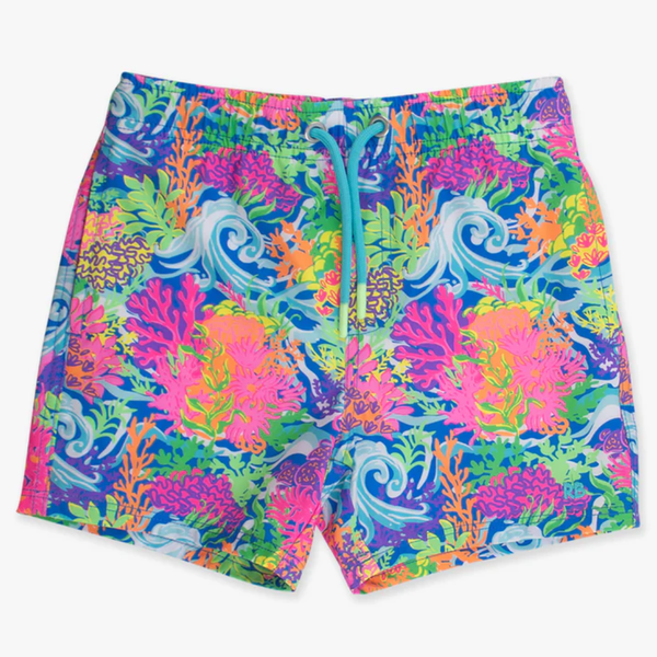 Colorful neon swim shorts with a vibrant coral reef pattern