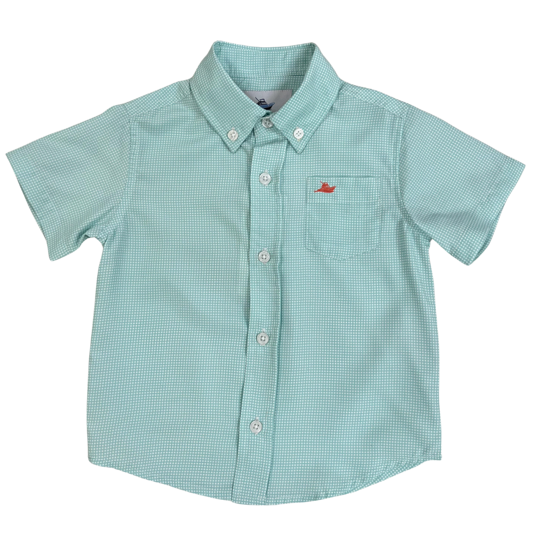 boys button down dress shirt, short sleeves, beach glass green in a micro gingham print and the southbound fishing boat logo on the front pocket, button down collar