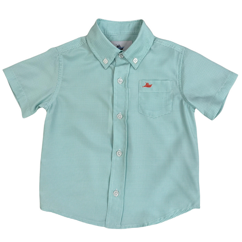 boys button down dress shirt, short sleeves, beach glass green in a micro gingham print and the southbound fishing boat logo on the front pocket, button down collar