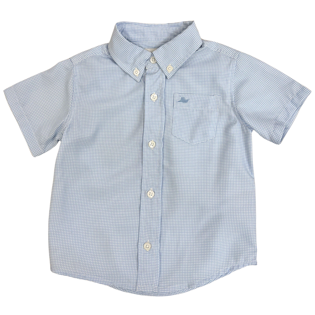 boys button down dress shirt, lightweight performance woven fabric, micro gingham print with southbound fishing boat logo on front pocket