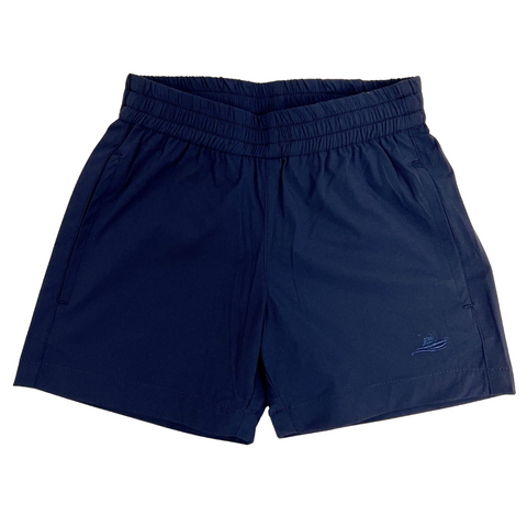 lightweight woven performance fabric pull on navy blue shorts with side slit pockets