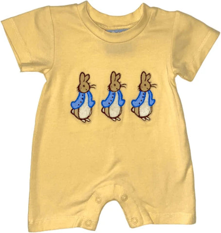 Short sleeve yellow romper with three applique easter bunnies on the front