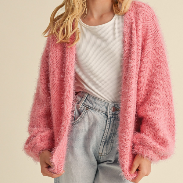 soft slightly fuzzy oversized bubble gum pink cardigan for tween