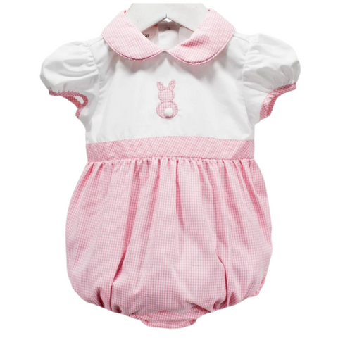 Traditional style short sleeve girl bubble with a pink gingham bottom and white bodice with a bunny tail applique. Sleeves trimmed in gingham and a gingham collar