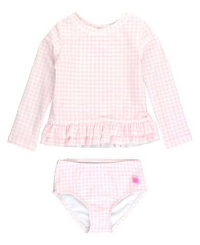 2pc long sleeve pink gingham rashguard top with ruffled bottom and matching swim bottoms