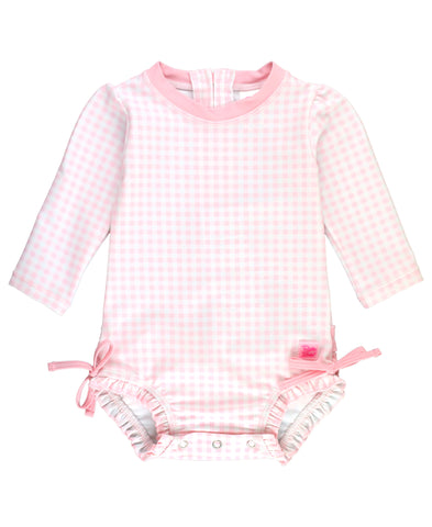 pink and white gingham check all in one rashguard with zipper back and ruffle leg opening