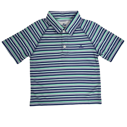 young boy polo, stripes of navy, aqua and cascade blue, two button front, short sleeves,  embroidered navy fishing boat southbound logo on front left chest