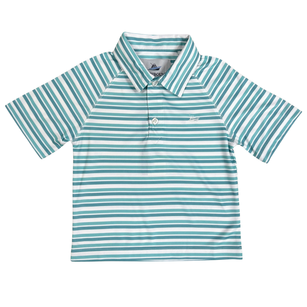 blue, aqua and white stripe boy button front polo, short sleeves with the southbound fishing boat logo on the front
