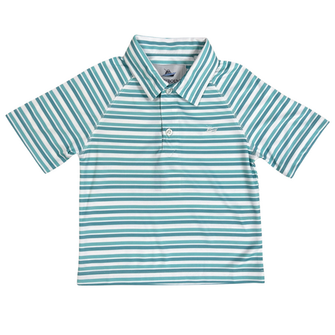 blue, aqua and white stripe boy button front polo, short sleeves with the southbound fishing boat logo on the front
