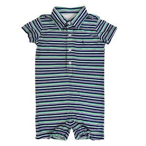 baby boy polo style romper, striped in navy, cascade blue and aqua, 4 button on front, snap bottom for diaper changes and navy southbound fishing boat logo on left front chest