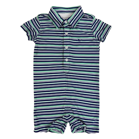 baby boy polo style romper, striped in navy, cascade blue and aqua, 4 button on front, snap bottom for diaper changes and navy southbound fishing boat logo on left front chest