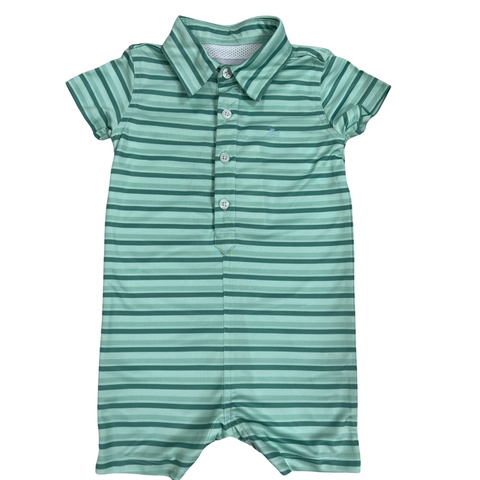 polo romper, stripe in 3 shades of green, aqua, green and lichen with fishing shirt style back, snaps at the bottom  and button front polo style