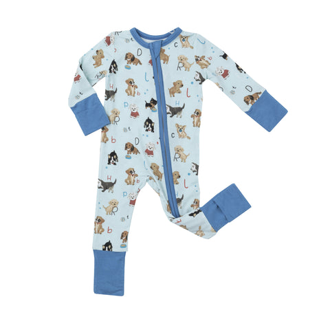 blue bamboo pajama with puppy and alphabet print