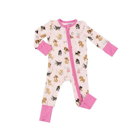 pink coverall with alphabet and puppies 