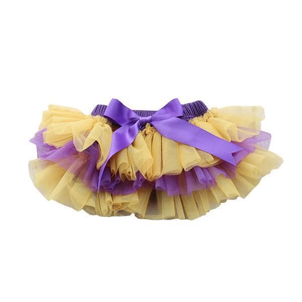 Purple and gold baby tutu with elastic waistband and purple bow