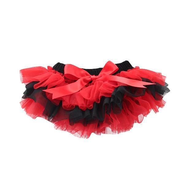 Red and black baby tutu with elastic waist band and red bow.