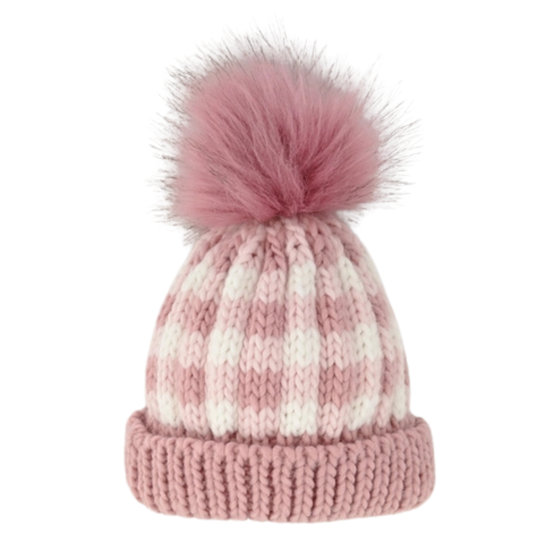 Rosy Pink Buffalo Check Knit Hat