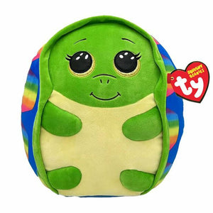 Green turtle with rainbow shell, with yellow glittery eyes. 