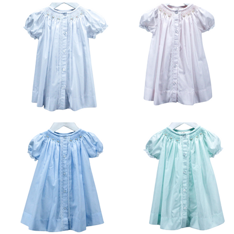 traditional style day dress for girl in white, pink, blue or mint.  Lace touches at the button placket and sleeve with bullion roses smocked at the neckline