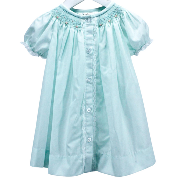 traditional style day dress for girl in a soft mint. Lace touches at the button placket and sleeve with bullion roses smocked at the neckline